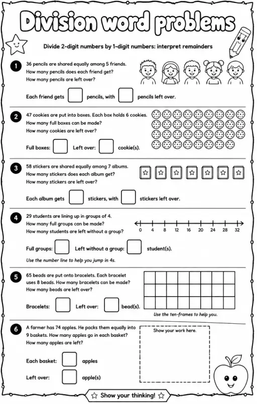 Divide 2-digit numbers by 1-digit numbers: interpret remainders