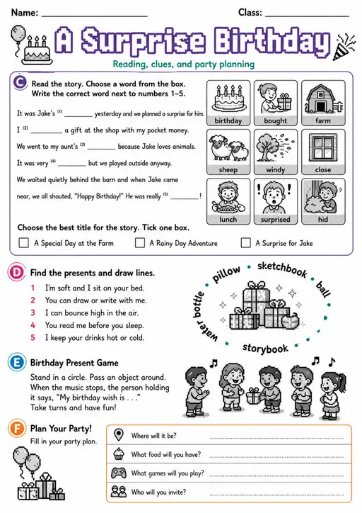Cambridge MOVERS - A Surprise Birthday | Free Worksheet