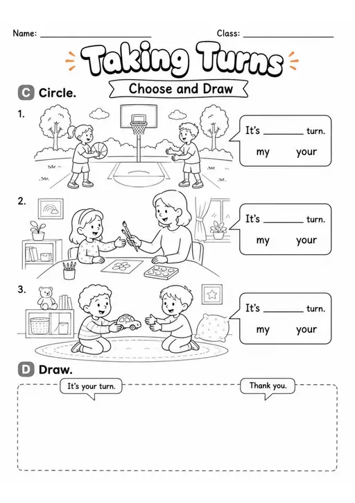 Taking Turns 2 | Grade 1 Social English Worksheet