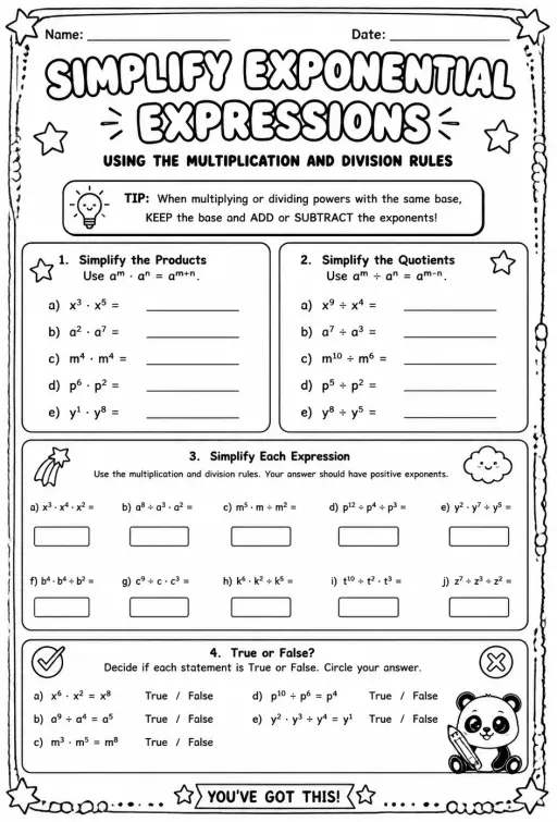Simplify exponential expressions using the multiplication and division rules