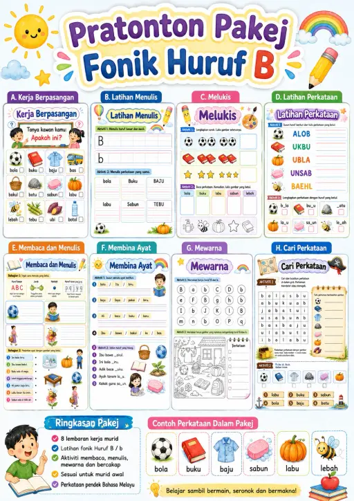 Malay Letter B Phonics Worksheets Pack
