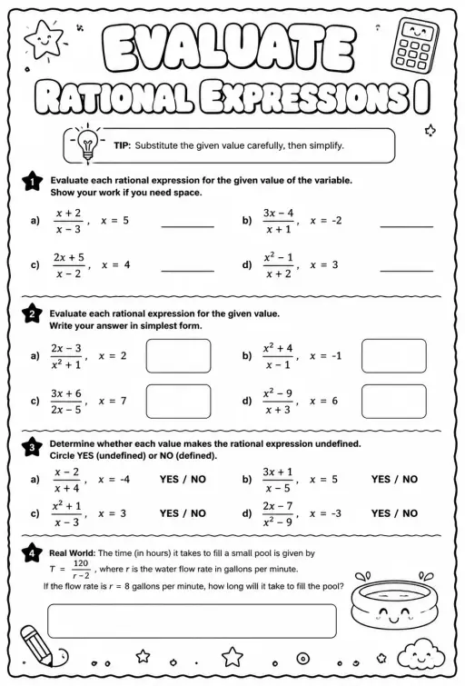 Evaluate rational expressions I