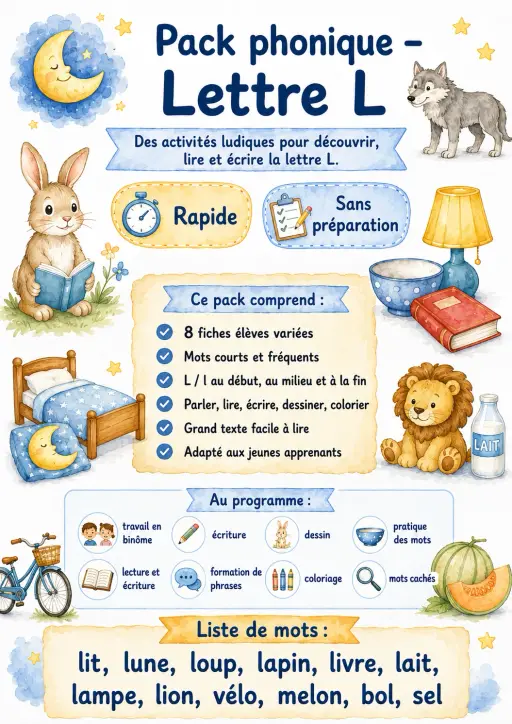 French Letter L Phonics Worksheets Pack