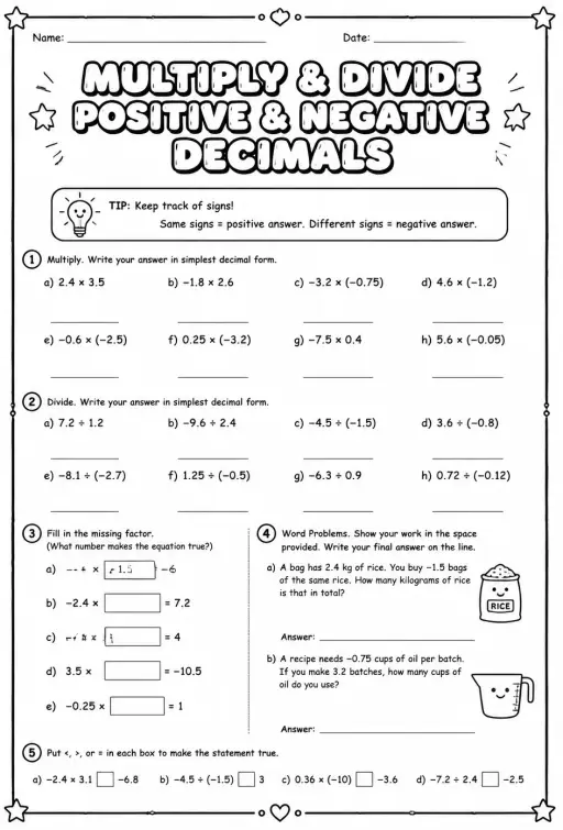 Multiply and divide positive and negative decimals