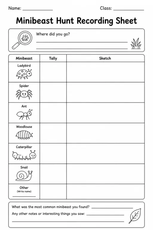 Minibeast Hunt Recording Sheet