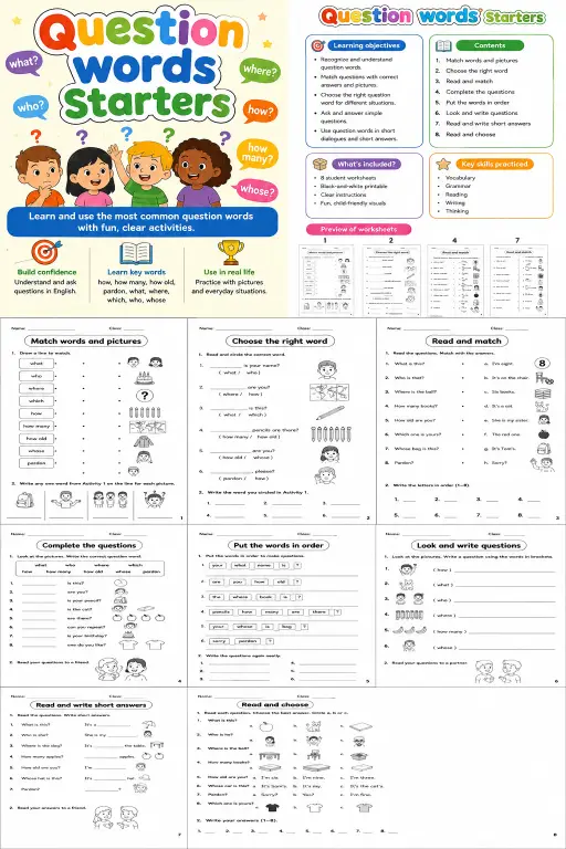 Question words Starters Grammar Worksheet Pack