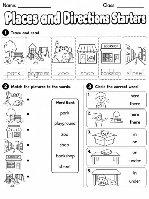 Places and Directions Starters Vocabulary Worksheet Pack