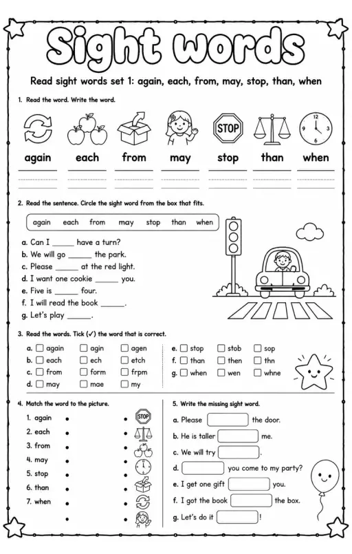 Read sight words set 1: again, each, from, may, stop, than, when