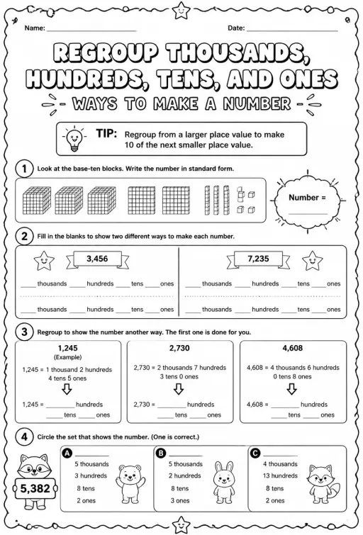 Regroup thousands, hundreds, tens, and ones - ways to make a number