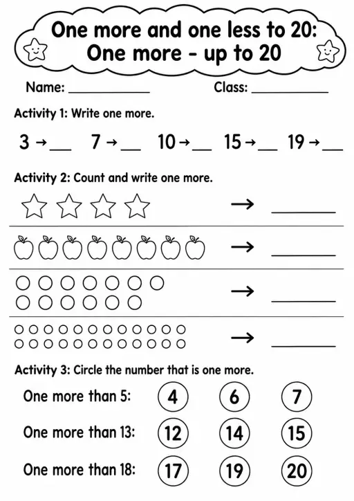 Kindergarten One More and One Less to 20 Math Worksheet Pack