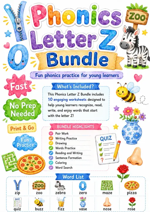 Letter Z Phonics Worksheets Pack
