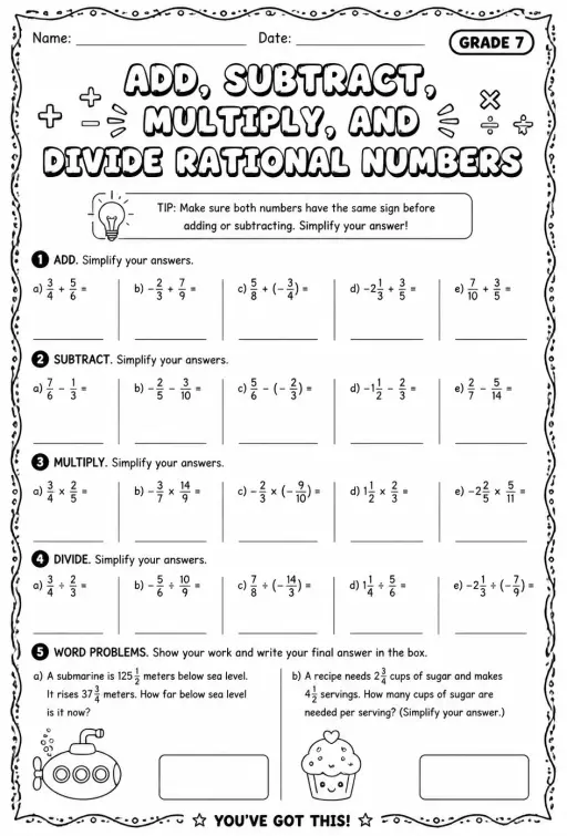 Add, subtract, multiply, and divide rational numbers