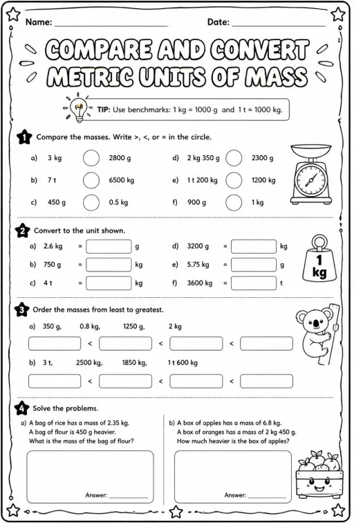 Compare and convert metric units of mass
