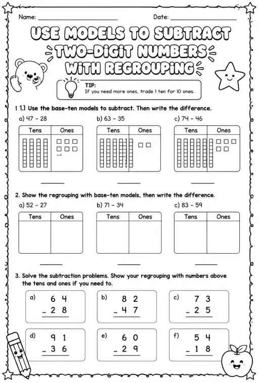 Use models to subtract two-digit numbers - with regrouping