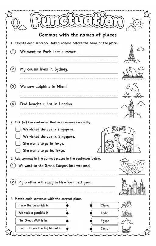 Commas with the names of places