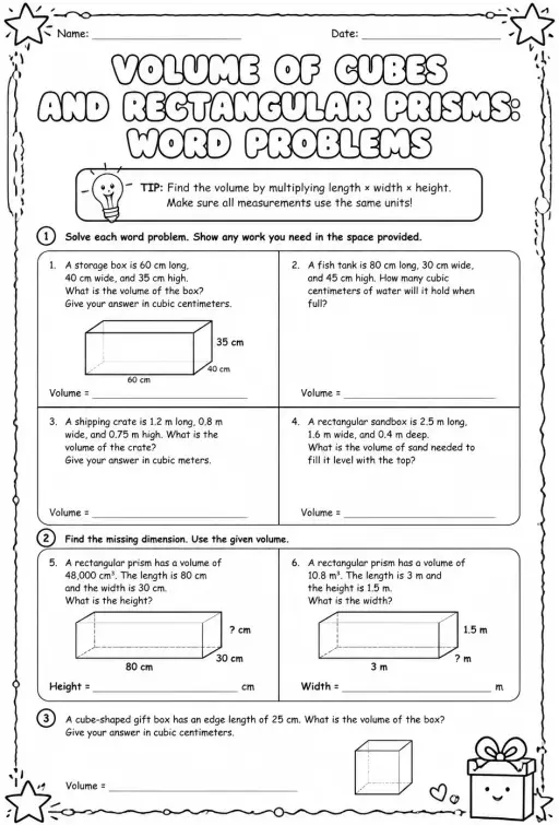 Volume of cubes and rectangular prisms: word problems