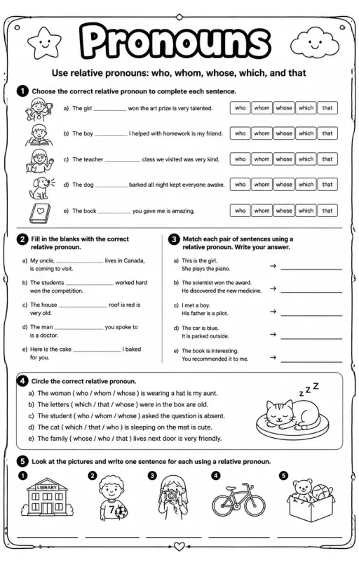Use relative pronouns: who, whom, whose, which, and that