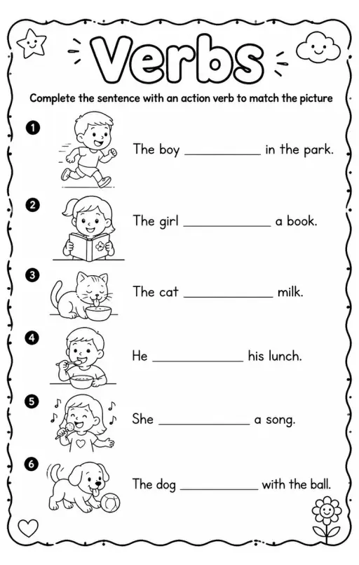 Complete the sentence with an action verb to match the picture
