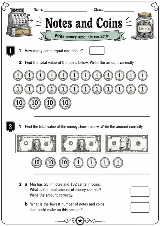 Notes and Coins - Grade 3 Math Worksheet