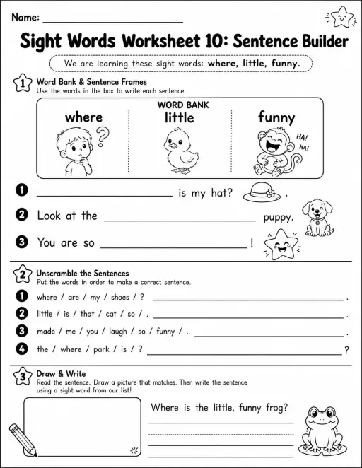 Sight Words Worksheet 10: Sentence Builder