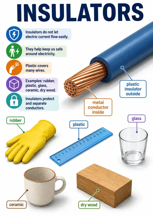 Insulators Protect and Separate Conductors. Electricity and Magnetism Infographic