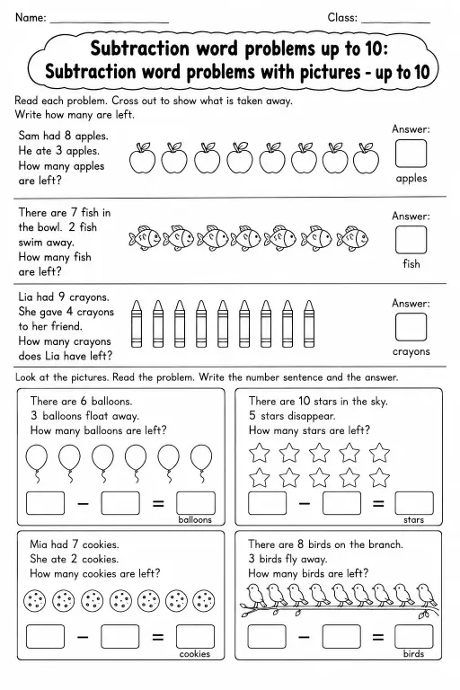 Grade 1 Subtraction Word Problems up to 10 Math Worksheet Pack