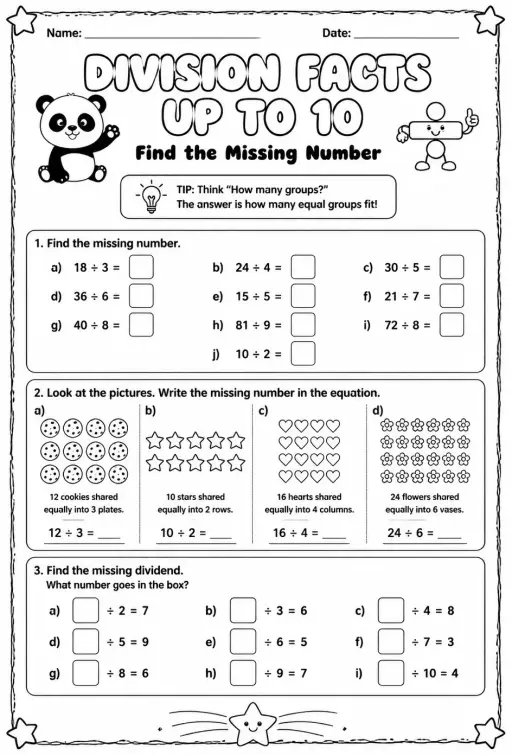 Division facts up to 10: find the missing number