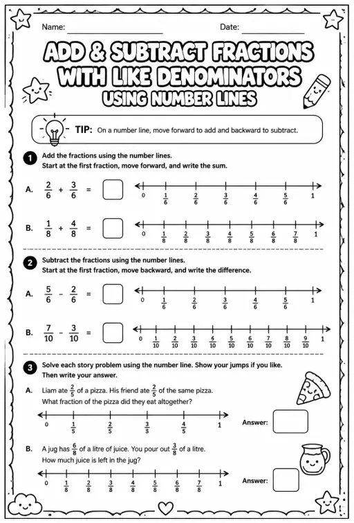 Add and subtract fractions with like denominators using number lines
