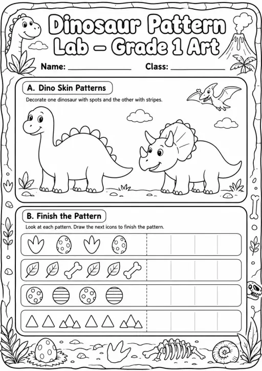 Dinosaur Patterns Art Worksheet Pack