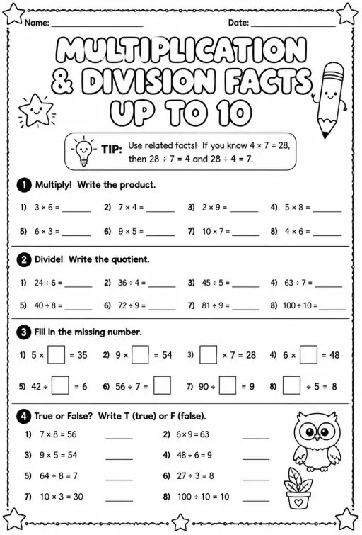 Multiplication and division facts up to 10
