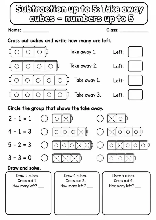 Pre-K Subtraction up to 5 Math Worksheet Pack