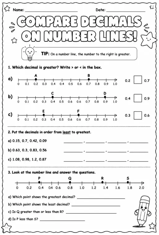 Compare decimals on number lines