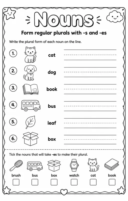 Form regular plurals with -s and -es