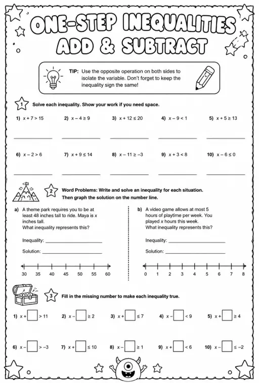 Solve one-step linear inequalities: addition and subtraction