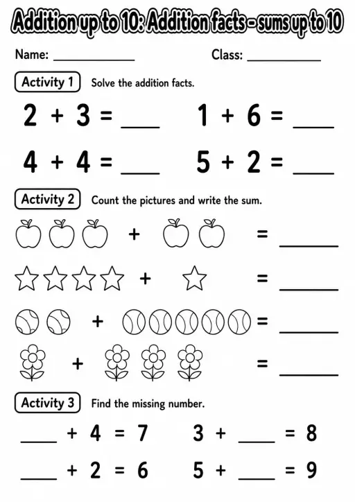 Grade 1 Addition up to 10 Math Worksheet Pack