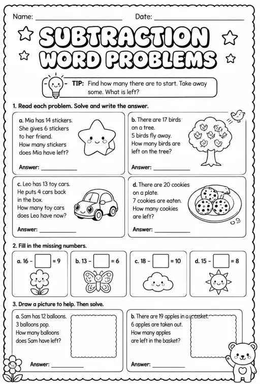 Subtraction word problems - up to 20