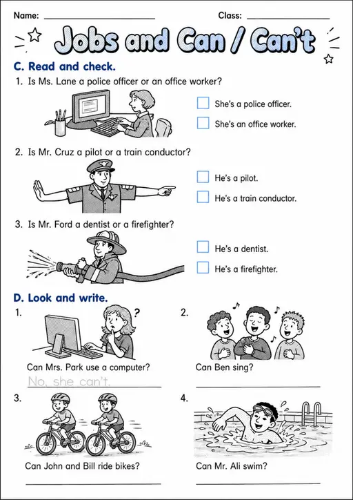 Jobs And Can / Can'T | Grades 2-3 Grammar Worksheet