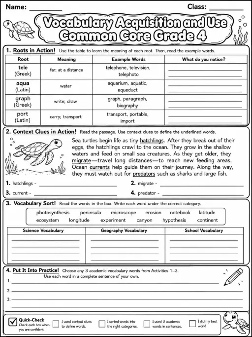 Vocabulary Acquisition and Use Common Core Grade 4