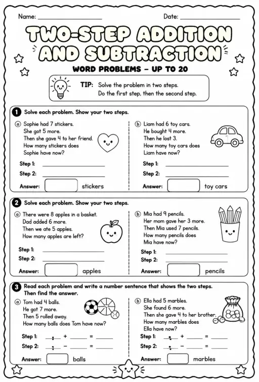 Two-step addition and subtraction word problems - up to 20