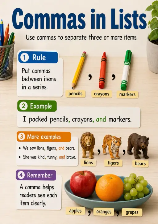 Commas in lists Punctuation Infographic