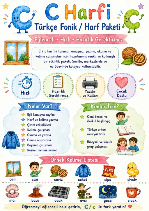 Turkish Letter C Phonics Worksheets Pack