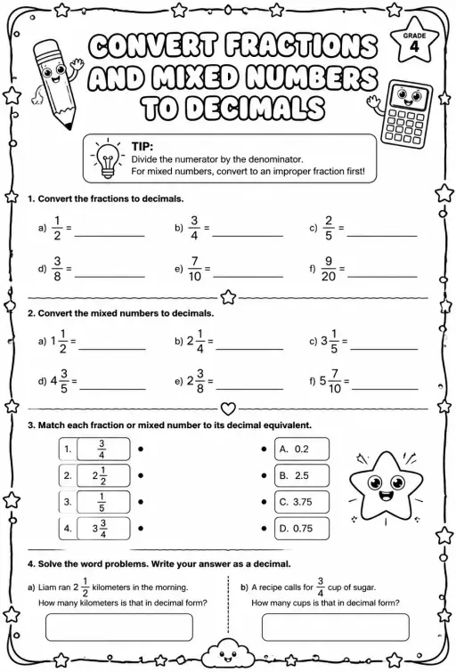 Convert fractions and mixed numbers to decimals