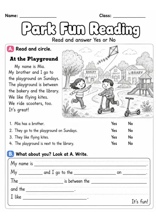 Park Fun Reading | Grade 2 Reading Worksheet