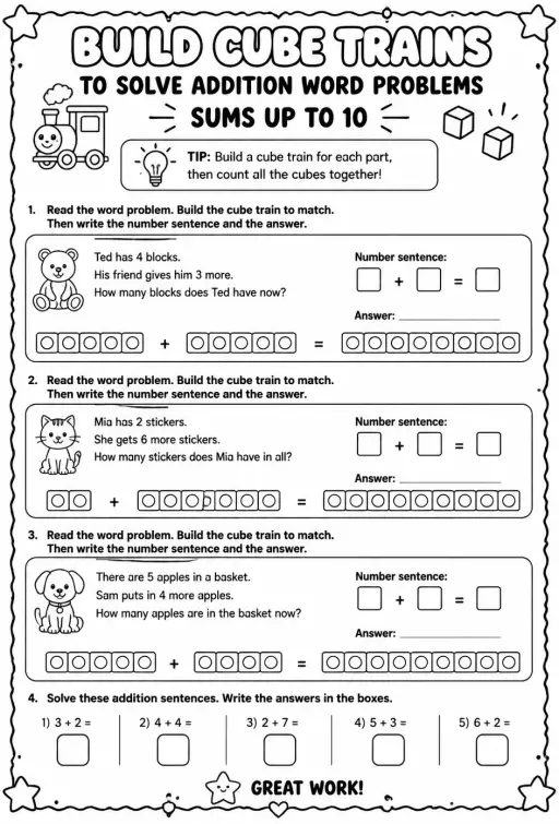 Build cube trains to solve addition word problems - sums up to 10