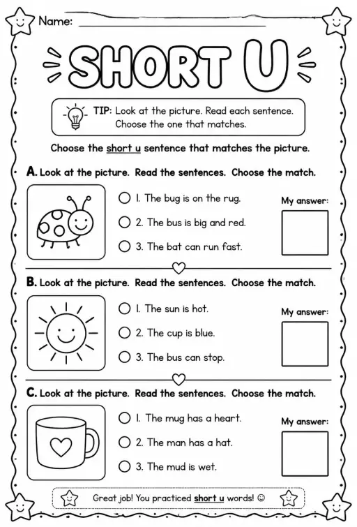 Choose the short u sentence that matches the picture