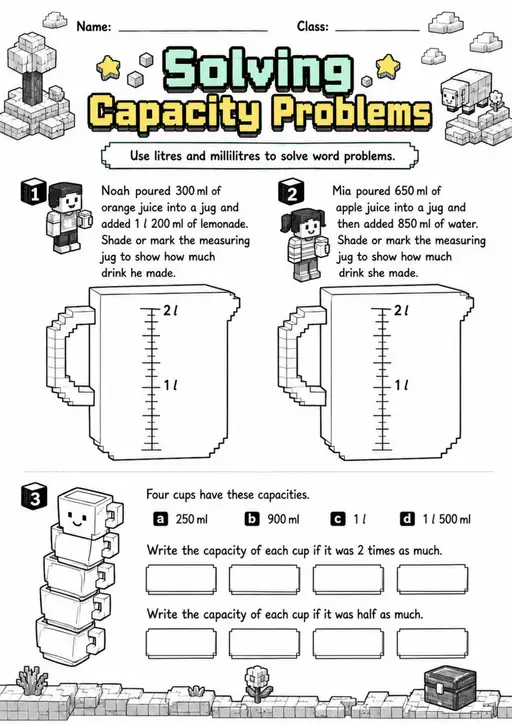 Solving Capacity Problems - Grade 3 Math Worksheet