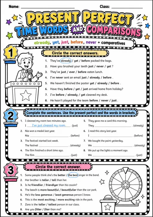 Present Perfect Time Words And Comparisons | Grade 5 Grammar Worksheet