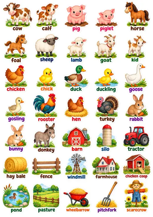 Farm Animals And Structures English Vocabulary Stickers preview