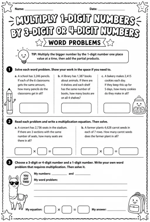 Multiply 1-digit numbers by 3-digit or 4-digit numbers: word problems
