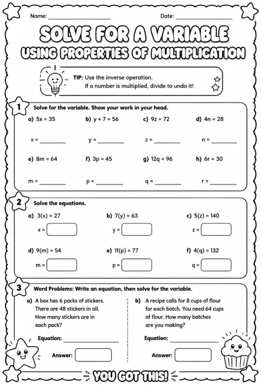 Solve for a variable using properties of multiplication